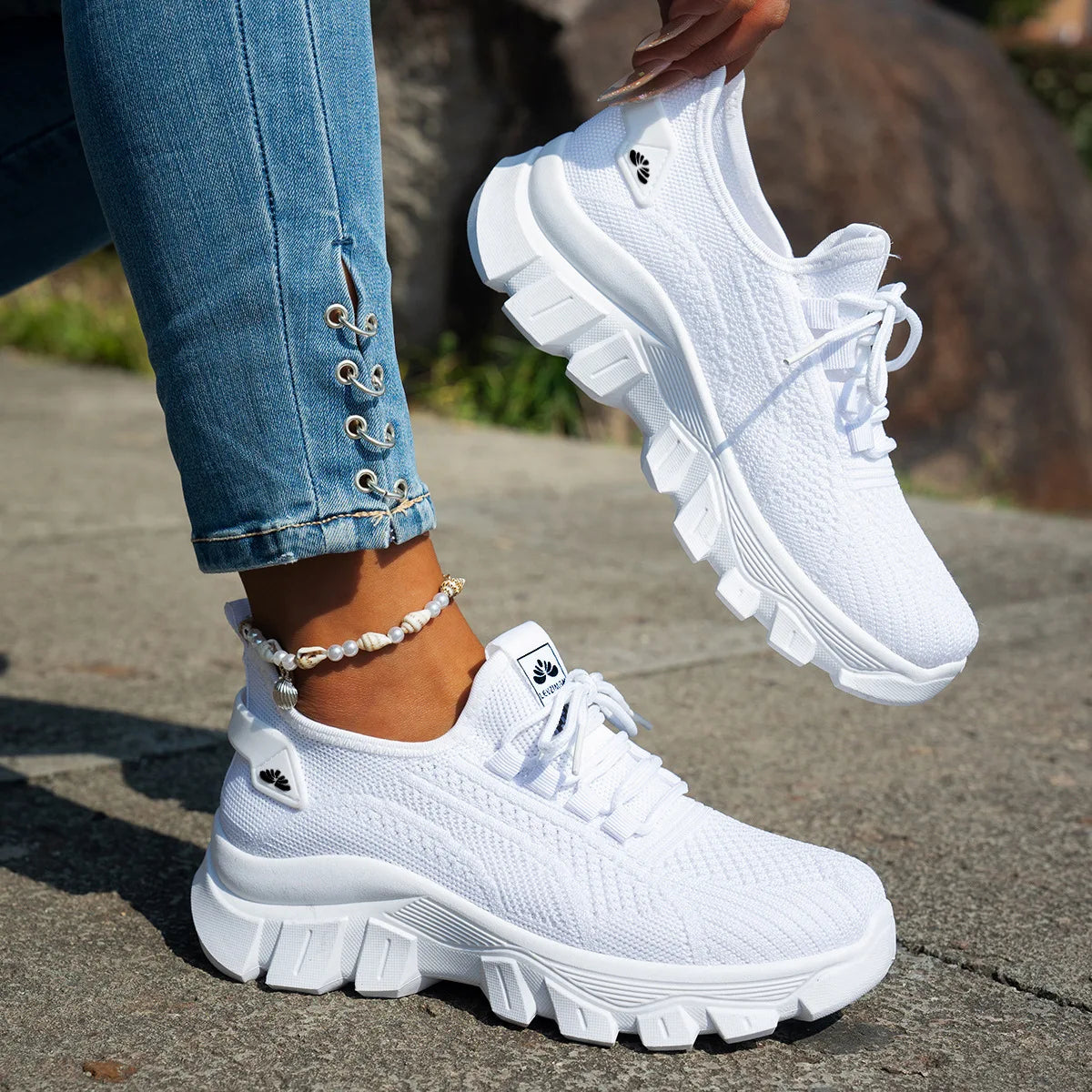 Forårsstrikkede sko til kvinder Lette åndbare morsko Plus Size Komfort Skridsikker afslappet flad sål Slip-On