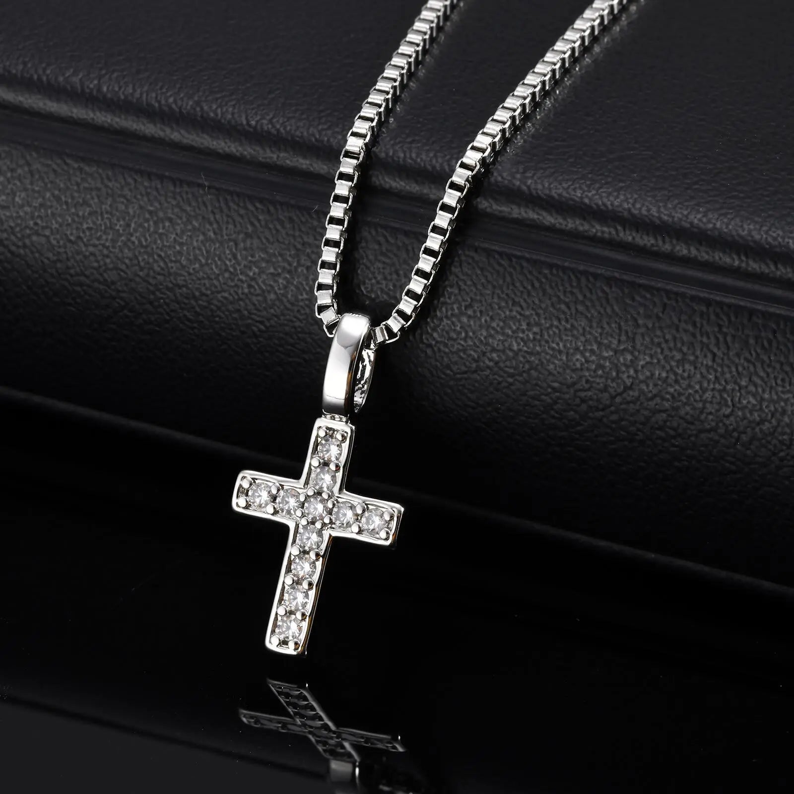 Bling Zircon Cross Pendant Necklace with Box Chain, Unisex Silver Color Simple Christ Cross Collar for Men Women