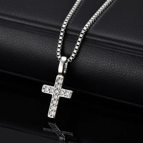 Bling Zircon Cross Pendant Necklace with Box Chain, Unisex Silver Color Simple Christ Cross Collar for Men Women