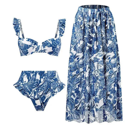 Novo conjunto de biquíni push up – estampa floral, babados, trajes de banho brasileiros com tiras