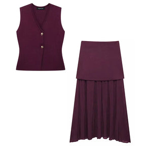 Women’s Knitted Skirt Set – V-neck Sleeveless Slim Vest & Patchwork Loose Skirt | Casual & High Street Fashion