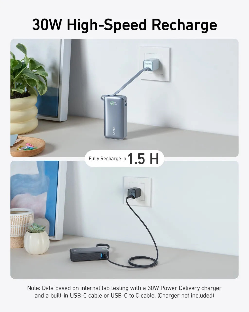 Anker Nano Power Bank, 10.000 mAh bærbar oplader med indbygget USB-C-kabel, 30 W Max Output