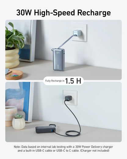 Anker Nano Power Bank, 10.000 mAh bærbar oplader med indbygget USB-C-kabel, 30 W Max Output