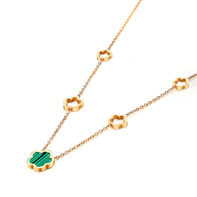 Luxe élégant vert blanc coquille fleur - trèfle à quatre feuilles boucles d'oreilles collier bracelets étanche en acier inoxydable ensembles de bijoux pour les femmes