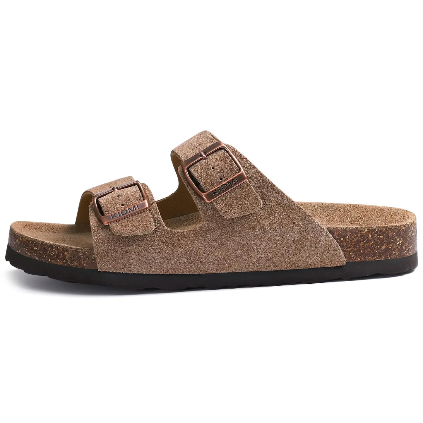 Klassiska unisex korksandaler rutschkanor i ko mocka med valvstöd Anti-halk unisex tofflor med justerbart spänne