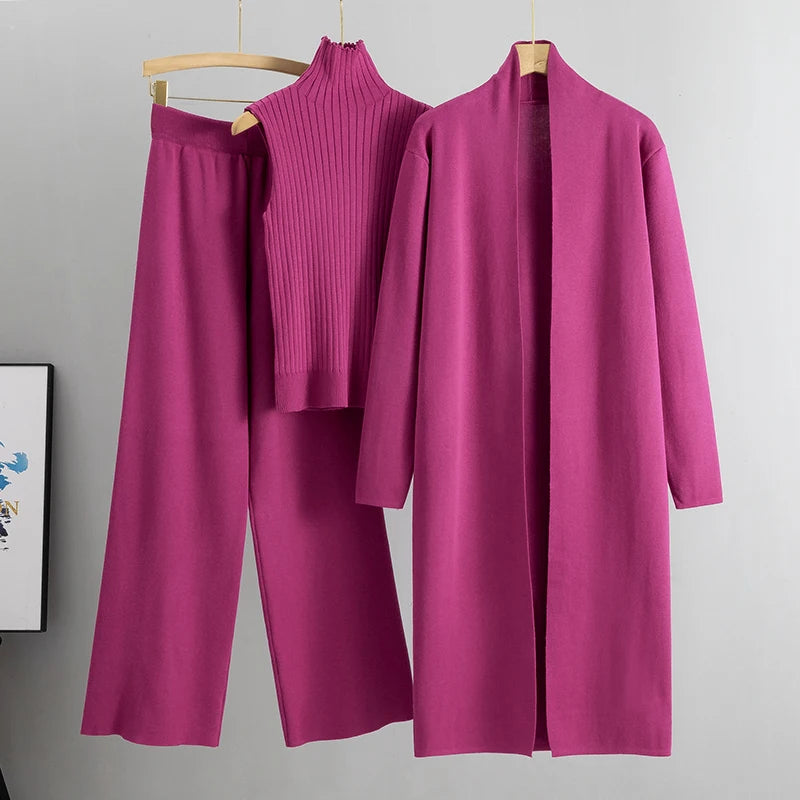 Spring & Autumn 3-Piece Women's Knitwear Set – Vintage-Inspired Lounge Outfit with Cardigan, Top & Pants