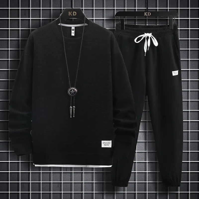 Conjunto Waffle Lounge Masculino – Moletom Casual de 2 Peças & Calças