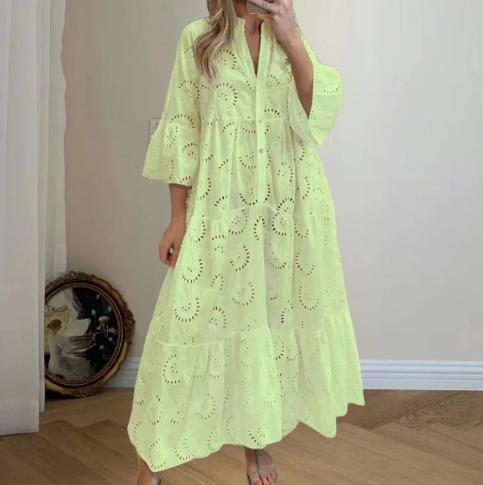 XXS-3XL Loose Fit Hollow Out Kjole til Kvinder Sommer Elegant Vintage Solid Broderi Casual V-hals Flare Sleeve Maxikjoler