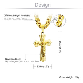 Jesus Cross Necklace  Stainless Steel Crucifix Pendant with Byzantine Chain