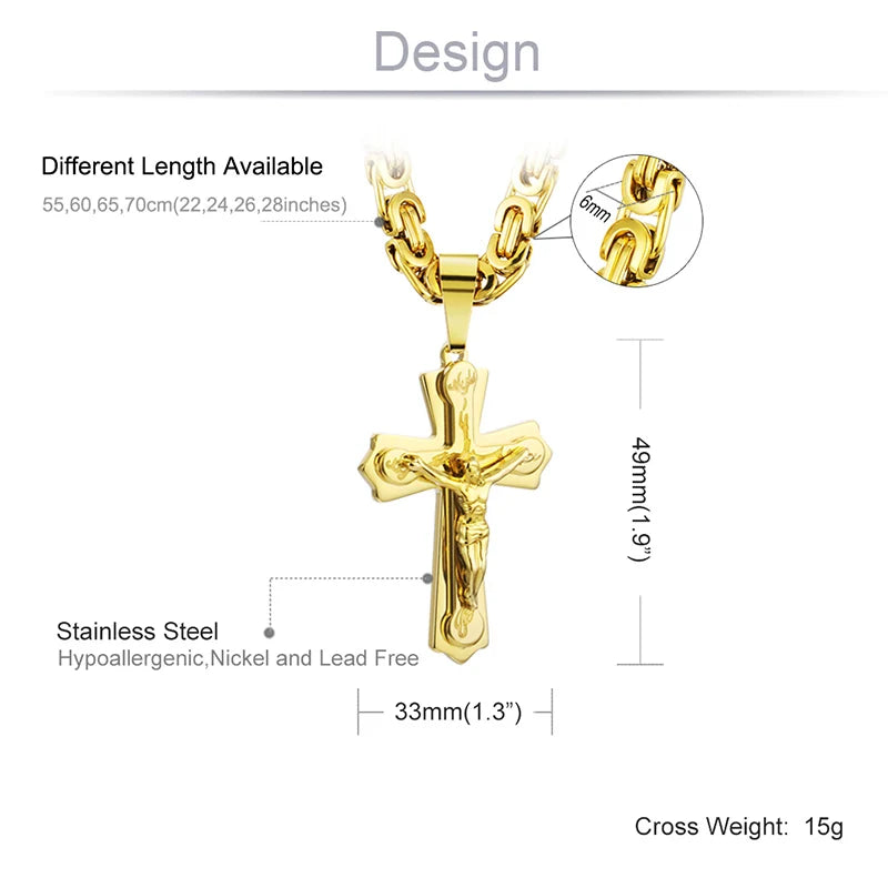 Jesus Cross Necklace  Stainless Steel Crucifix Pendant with Byzantine Chain