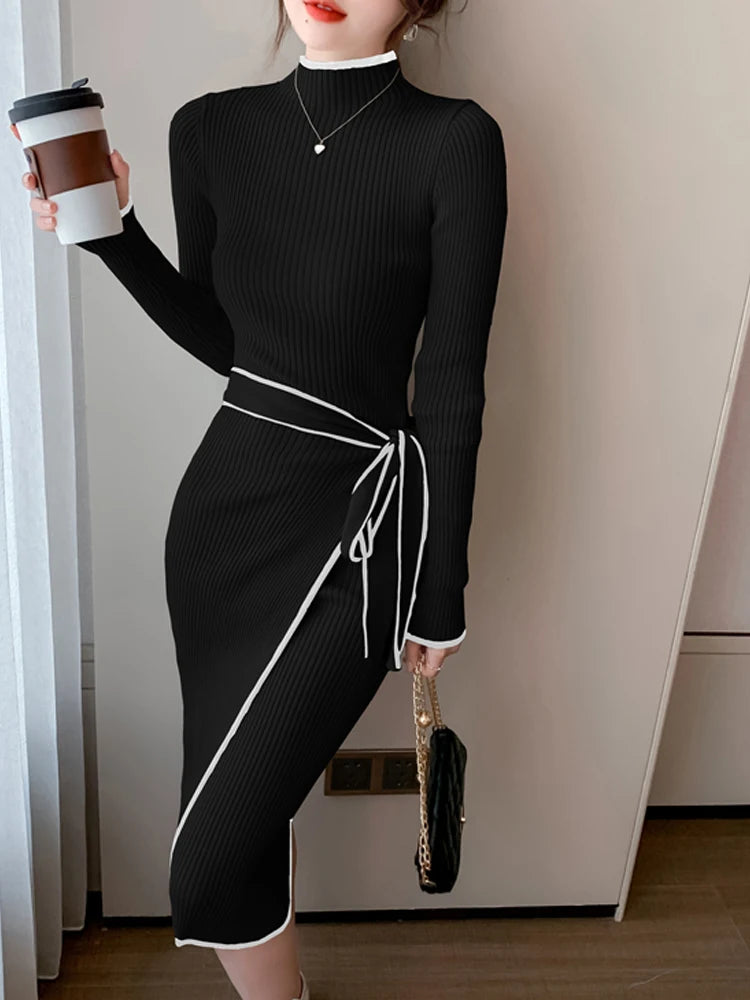 Frauen Gestrickte Kleid Neue Herbst Winter Dünne Spitze-Up Langarm Bodenbildung Pullover Rock Elegante Mode Büro Weibliche Vestidos