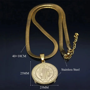 Saint Benedict Medallion Pendant Necklace -Unisex- Stainless Steel Snake Chain - Jewelry