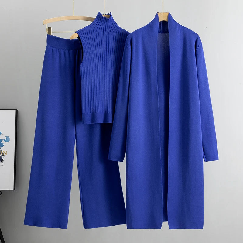 Spring & Autumn 3-Piece Women's Knitwear Set – Vintage-Inspired Lounge Outfit with Cardigan, Top & Pants