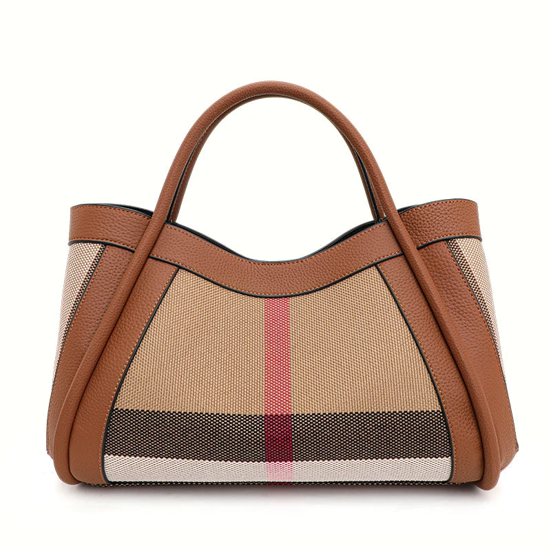 Canvas & Cowhide Leather BB Handbag – Luxury Retro Checkered Tote for Women | Large Capacity & Timeless Style