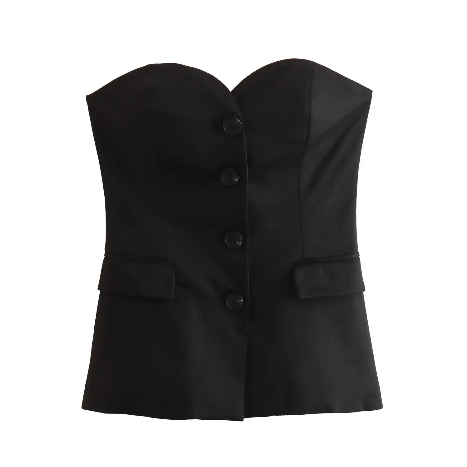 Women’s Elegant Strapless Pant Suit – Buttoned Top & Side Slit Trousers Fashion Set