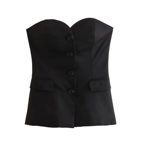 Women’s Elegant Strapless Pant Suit – Buttoned Top & Side Slit Trousers Fashion Set