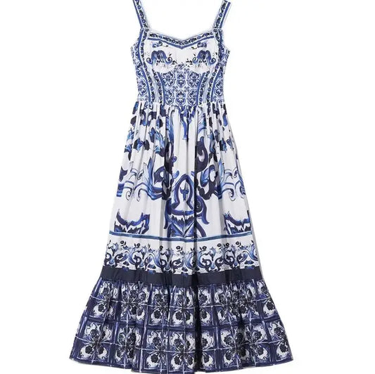 Vestido largo de vacaciones con tirantes finos y estampado floral rojo, azul y blanco con cuello en V para mujer Túnicas largas de vacaciones con estampado floral de pasarela de verano