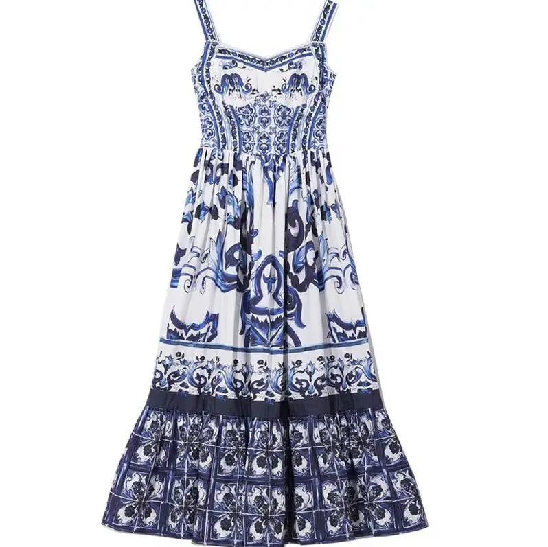 Donne a V-Neck Rec Red Blue and White Stampa spaghetti Cingcio Maxi Dress Dress Summer Runway Floral Stampa Abiti lunghi