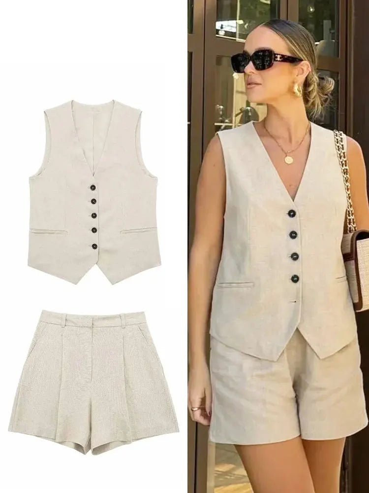 Women’s Linen Vest Shorts Set – V Neck Chic Summer Casual  Office Outfit