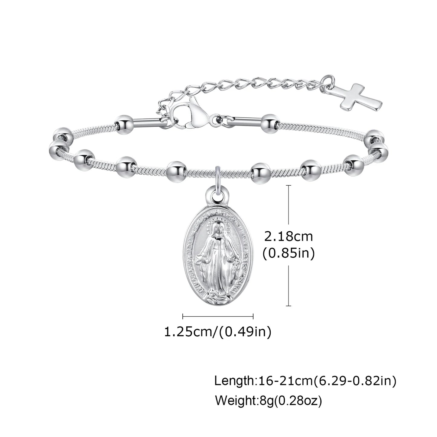 Pulseira feminina de rosário de aço inoxidável banhado a ouro - pulseira da Virgem Maria com cruz