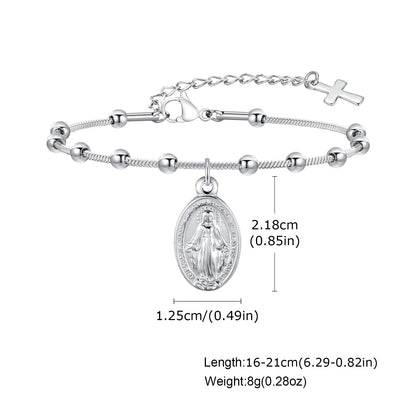 Pulseira feminina de rosário de aço inoxidável banhado a ouro - pulseira da Virgem Maria com cruz