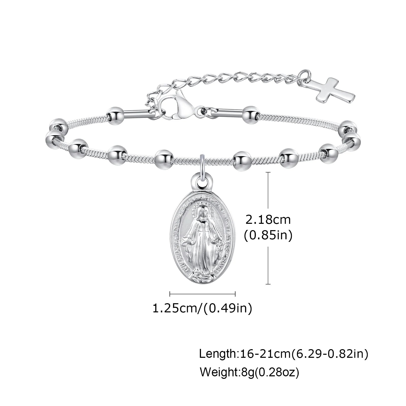 Brazalete de rosario de acero inoxidable de placa de oro para mujeres-Virgen María Pulsera de oración religiosa con cruz