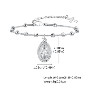 Brazalete de rosario de acero inoxidable de placa de oro para mujeres-Virgen María Pulsera de oración religiosa con cruz