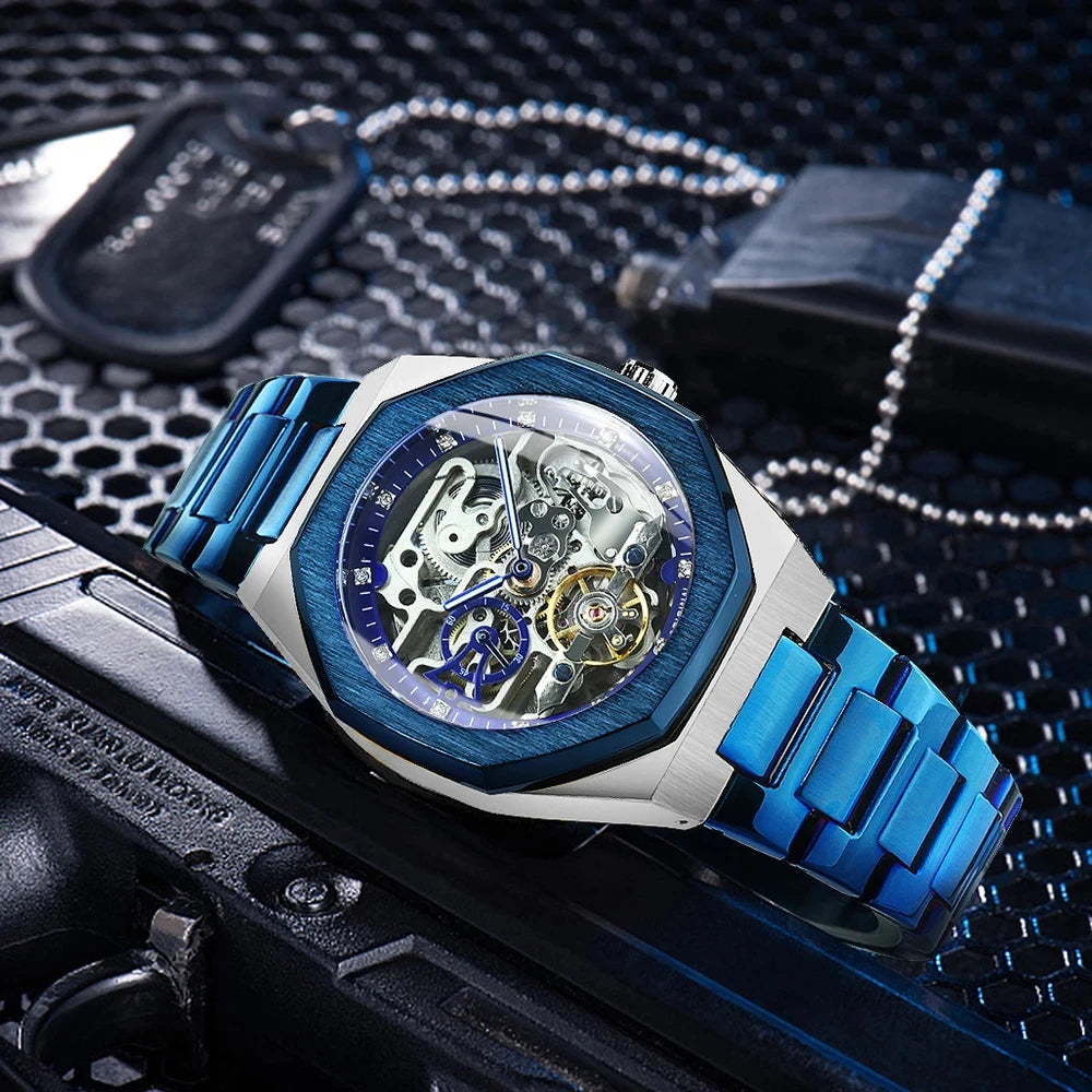MIAMI DESIGN-Reloj Automático plateado para hombre, esfera de diamante 3D, Tourbillon Irregular, relojes de pulsera mecánicos con esqueleto, reloj con manecillas luminosas