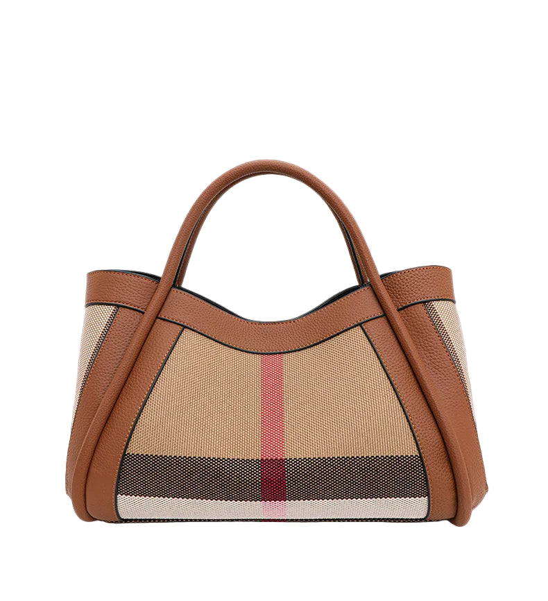 Canvas & Cowhide Leather BB Handbag – Luxury Retro Checkered Tote for Women | Large Capacity & Timeless Style