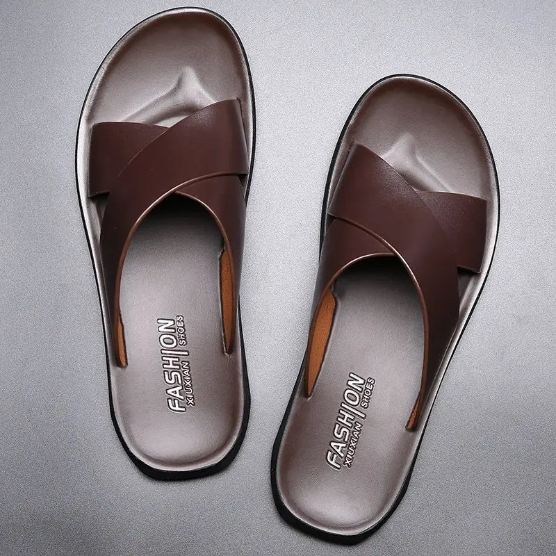 Men's Leather Flip Flops – Casual Non-Slip Sandals with Soft Sole for Beach & Everyday Wear