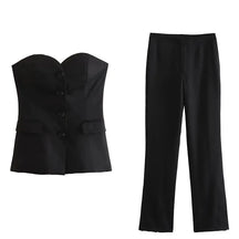 Women’s Elegant Strapless Pant Suit – Buttoned Top & Side Slit Trousers Fashion Set
