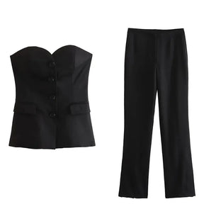 Women’s Elegant Strapless Pant Suit – Buttoned Top & Side Slit Trousers Fashion Set
