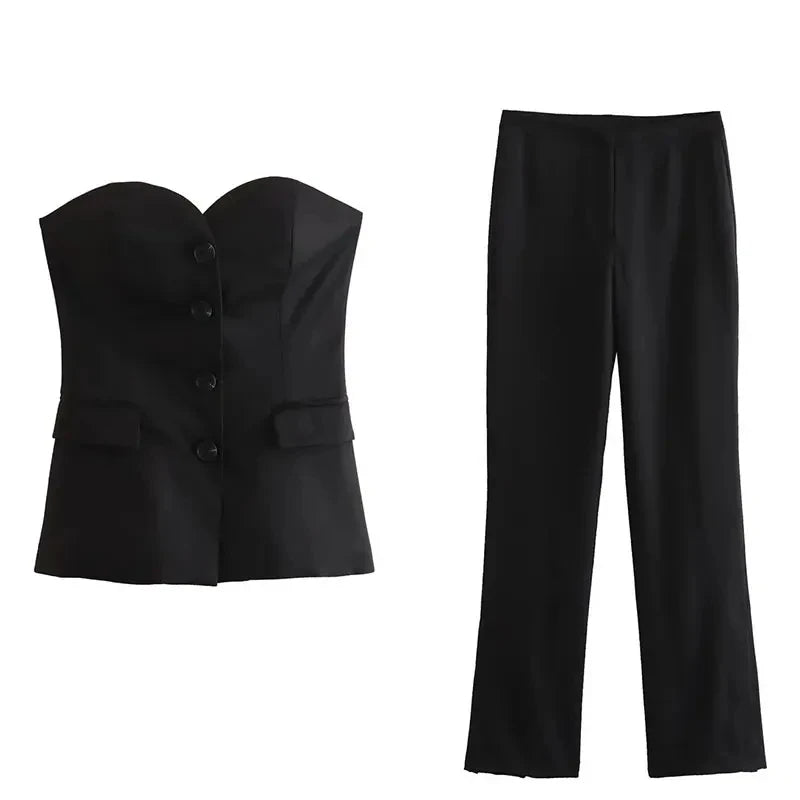 Women’s Elegant Strapless Pant Suit – Buttoned Top & Side Slit Trousers Fashion Set