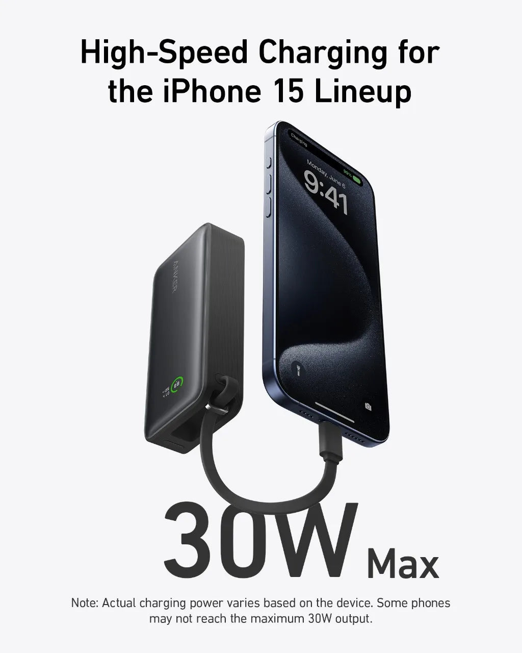 Anker Nano Power Bank, 10.000 mAh bærbar oplader med indbygget USB-C-kabel, 30 W Max Output