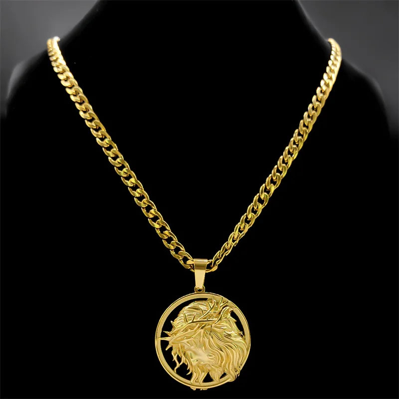 Jesus Crown of Thorns Necklace – Gold Stainless Steel Crucifix Chain Jewelry