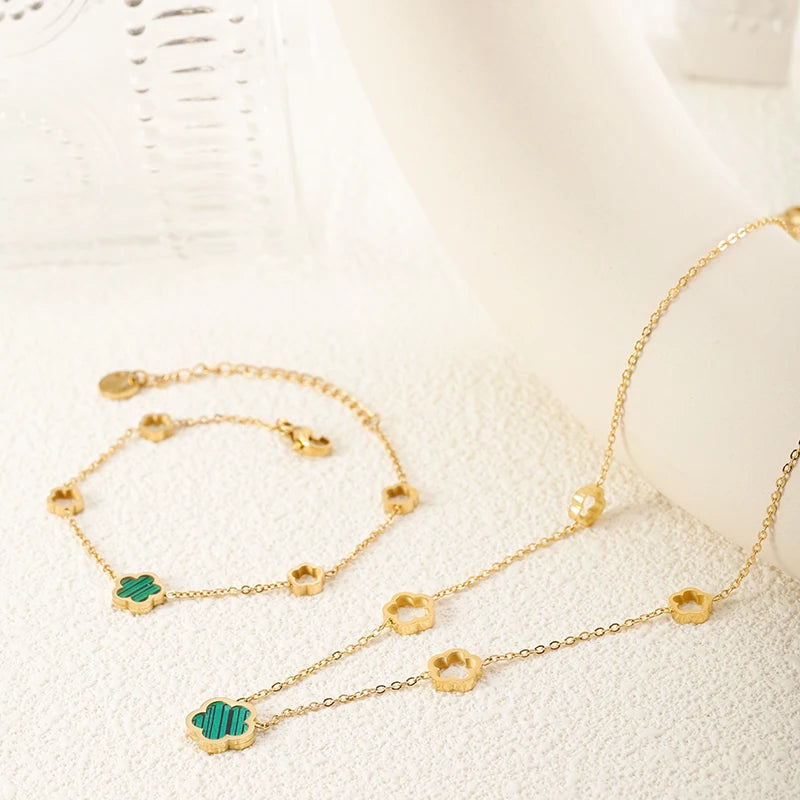 Luxe élégant vert blanc coquille fleur - trèfle à quatre feuilles boucles d'oreilles collier bracelets étanche en acier inoxydable ensembles de bijoux pour les femmes