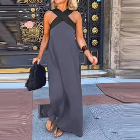 Dresses Spring Summer Casual Retro Vintage Sleeveless Halter Neck Maxi Daily Shift Dresses For Women