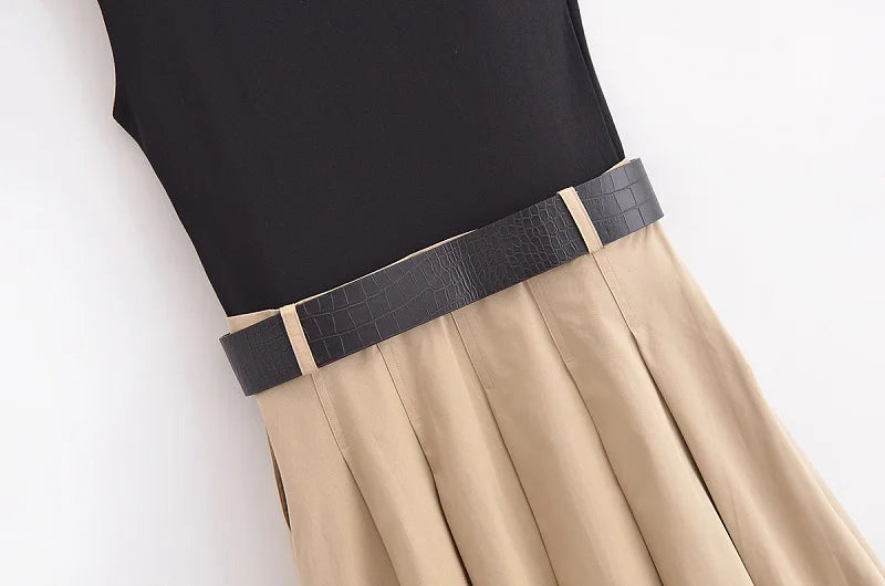 Women’s Pleated Midi Dress – Belted, Sleeveless Summer & Autumn Party Sundress