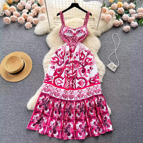 Vestido de spaghetti de espagueti de estampado rojo y blanco con cuello en V para mujeres Vestido maxi de verano