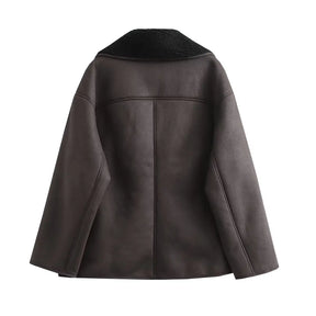 Kvinder Tykt Varmt Outwear Kunstlæder Jakker Efterår Vinter Vintage Langærmede Lapel Frakker Mode Dame Streetwear Top