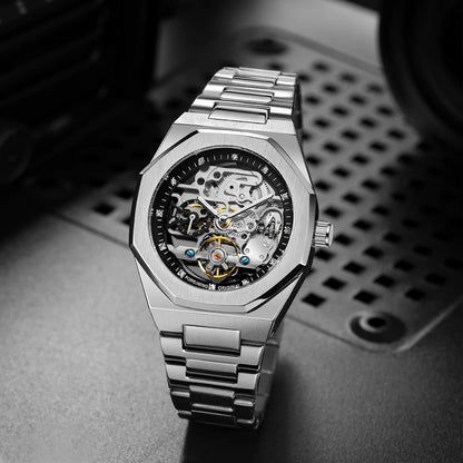 MIAMI DESIGN-Reloj Automático plateado para hombre, esfera de diamante 3D, Tourbillon Irregular, relojes de pulsera mecánicos con esqueleto, reloj con manecillas luminosas