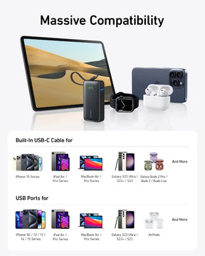 Banque d'alimentation Anker Nano, chargeur portable de 10 000mAh avec câble USB-C intégré, sortie maximale de 30W
