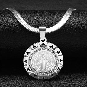 Saint Benedict Medallion Pendant Necklace -Unisex- Stainless Steel Snake Chain - Jewelry