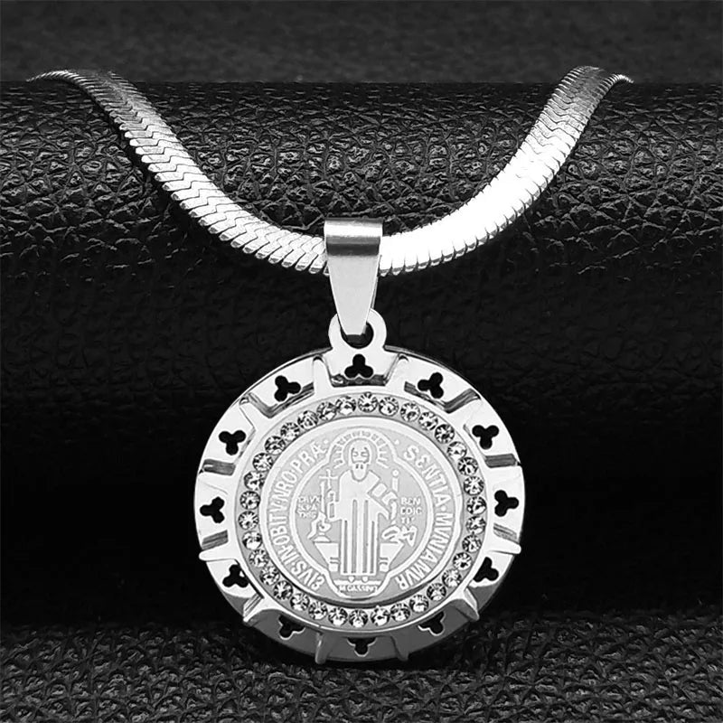 Saint Benedict Medallion Pendant Necklace -Unisex- Stainless Steel Snake Chain - Jewelry