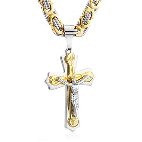 Jesus Cross Necklace  Stainless Steel Crucifix Pendant with Byzantine Chain