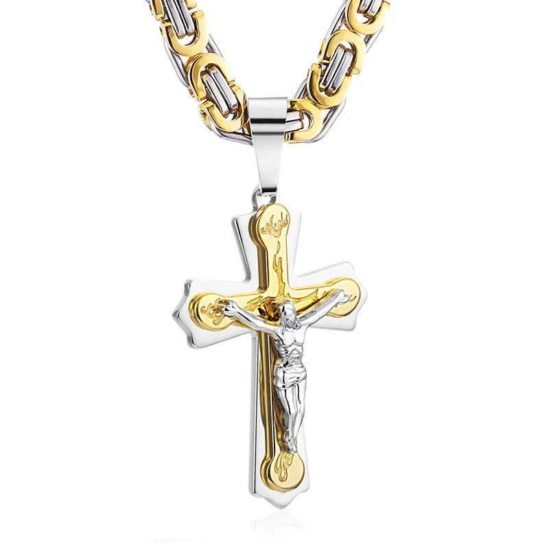 Jesus Cross Necklace  Stainless Steel Crucifix Pendant with Byzantine Chain