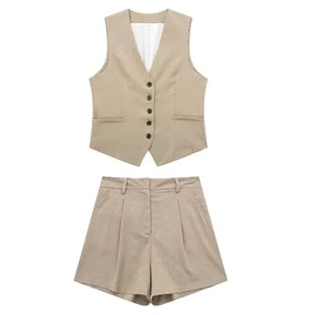 Women’s Linen Vest Shorts Set – V Neck Chic Summer Casual  Office Outfit