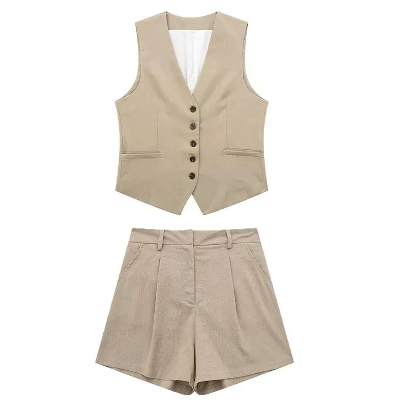 Women’s Linen Vest Shorts Set – V Neck Chic Summer Casual  Office Outfit