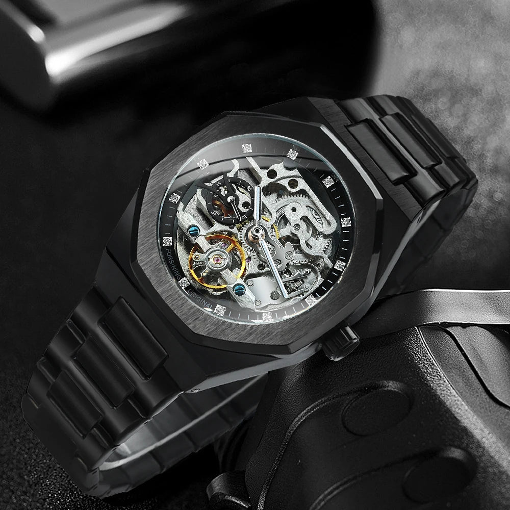 MIAMI DESIGN-Reloj Automático plateado para hombre, esfera de diamante 3D, Tourbillon Irregular, relojes de pulsera mecánicos con esqueleto, reloj con manecillas luminosas