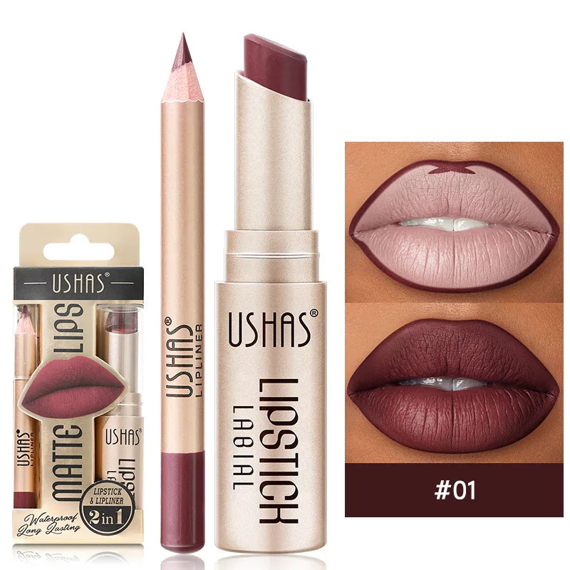 Batom Matte 2 em 1&lConjunto de Lápis Labial IP Liner com 12 Cores, Alta Pigmentação, À Prova D'Água e de Longa Duração - Maquiagem para os Lábios